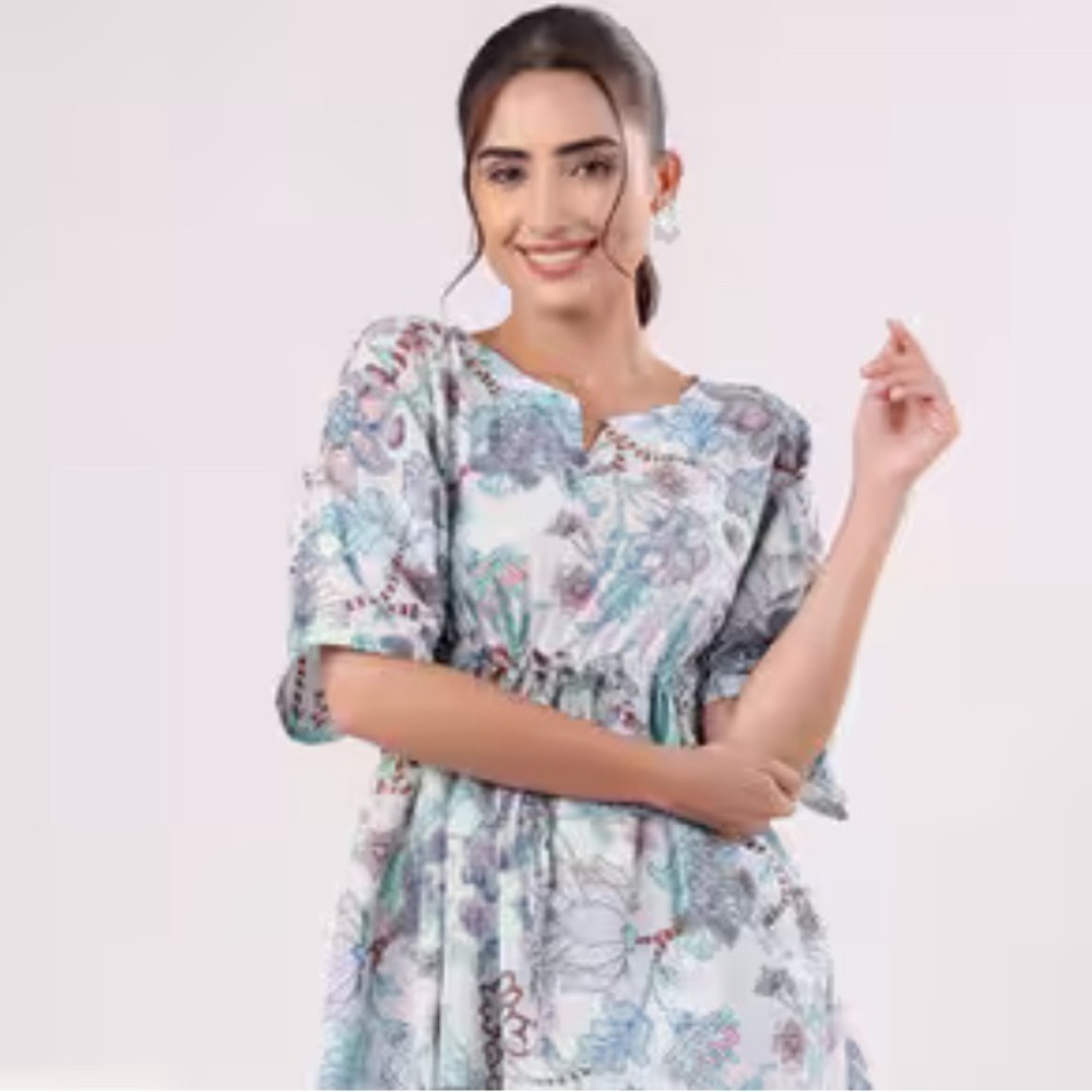 100% Cotton Boho Floral Blue and Cream Kaftan Top Size M